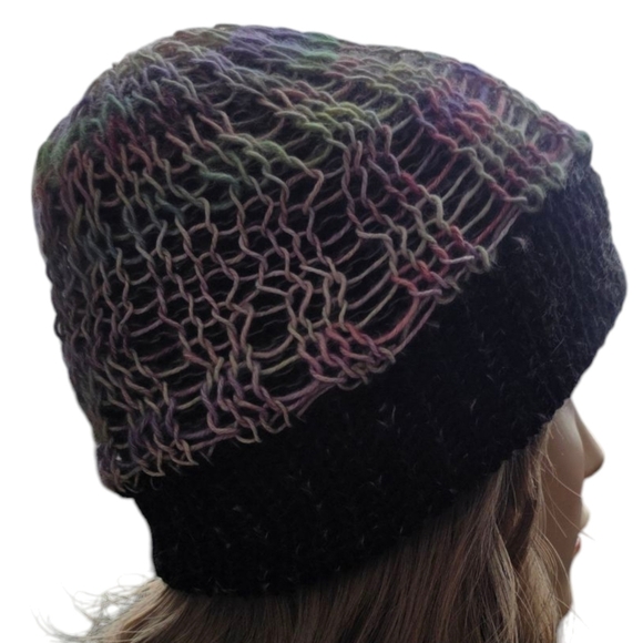 Handmade knitted beanie toque knit mesh overlay vegan leather tag slight slouch - Picture 3 of 7